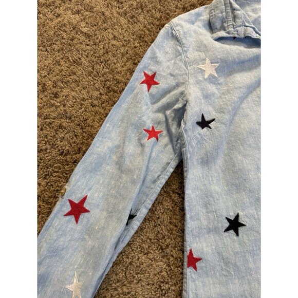 JOHN MARK 100% Linen Embroidered Navy Red White Stars Button Front Knot Boho S - Picture 7 of 9